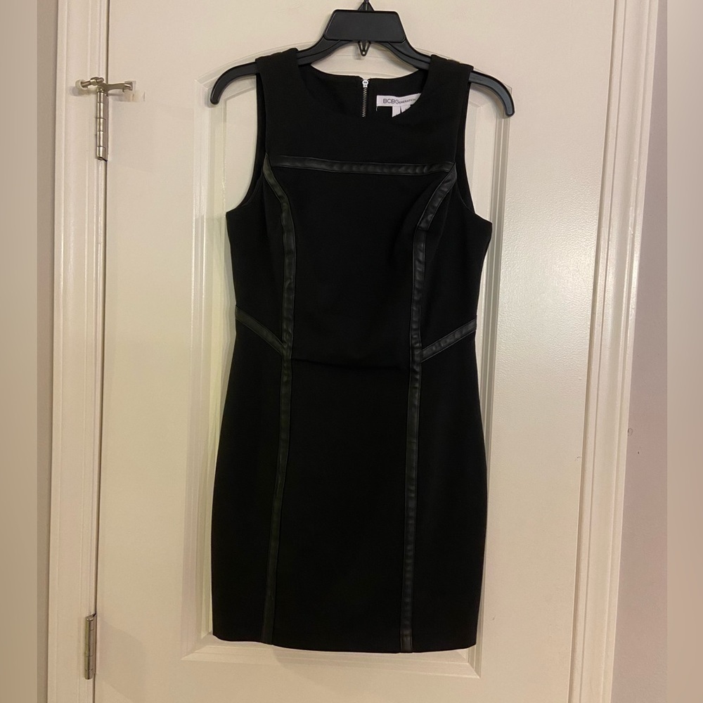 BCBGENERATION Leather-Trim Sexy Black Mini Dress Open Back Size 6 NWT